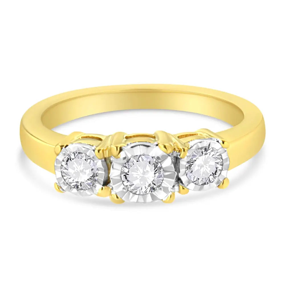 Stunning 14k Yellow Gold Illusion Plate Ring with 1/2 Cttw Diamond Three Stone