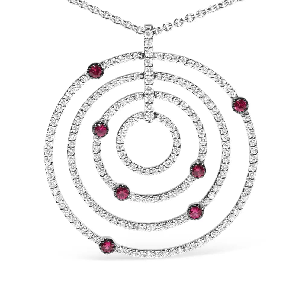 Stunning 18k White Gold Pendant Necklace with Pave Set Diamonds and Red Ruby