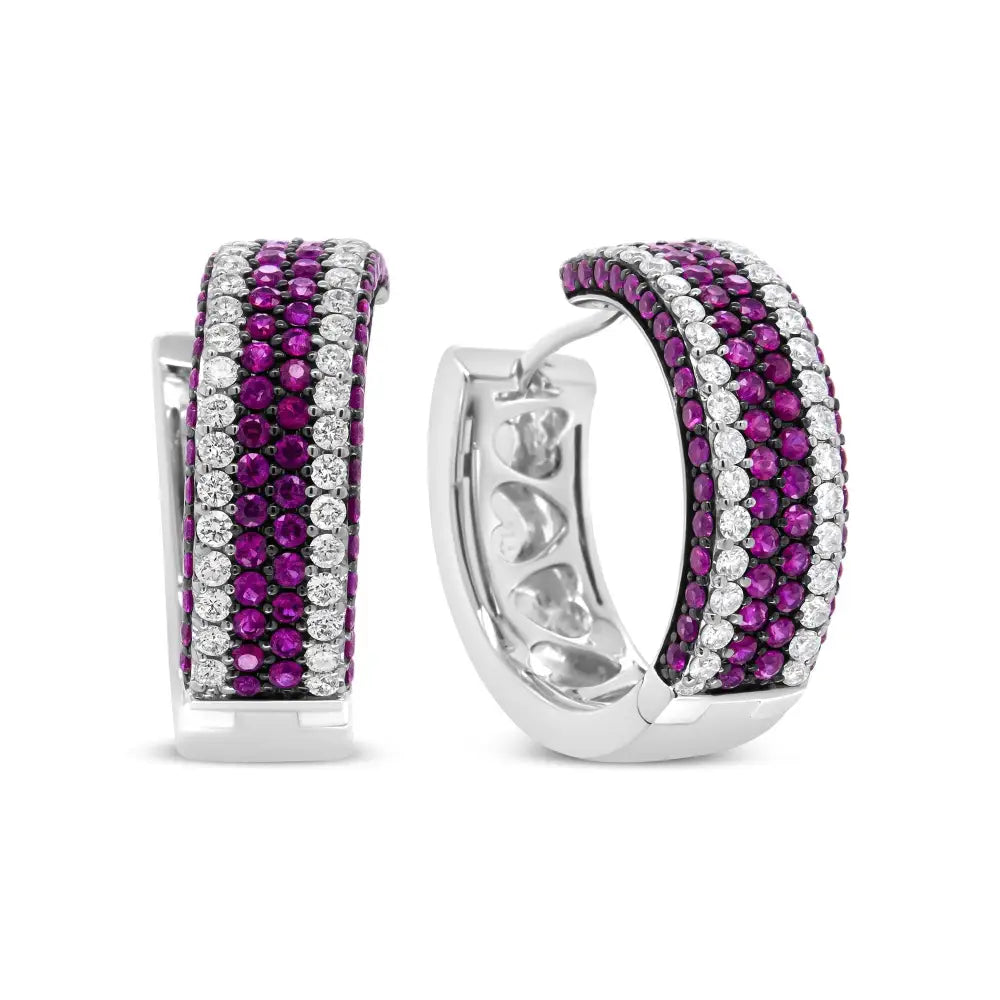 Stunning 18k White Gold Ruby Open Swish Hoop Earrings with Diamonds