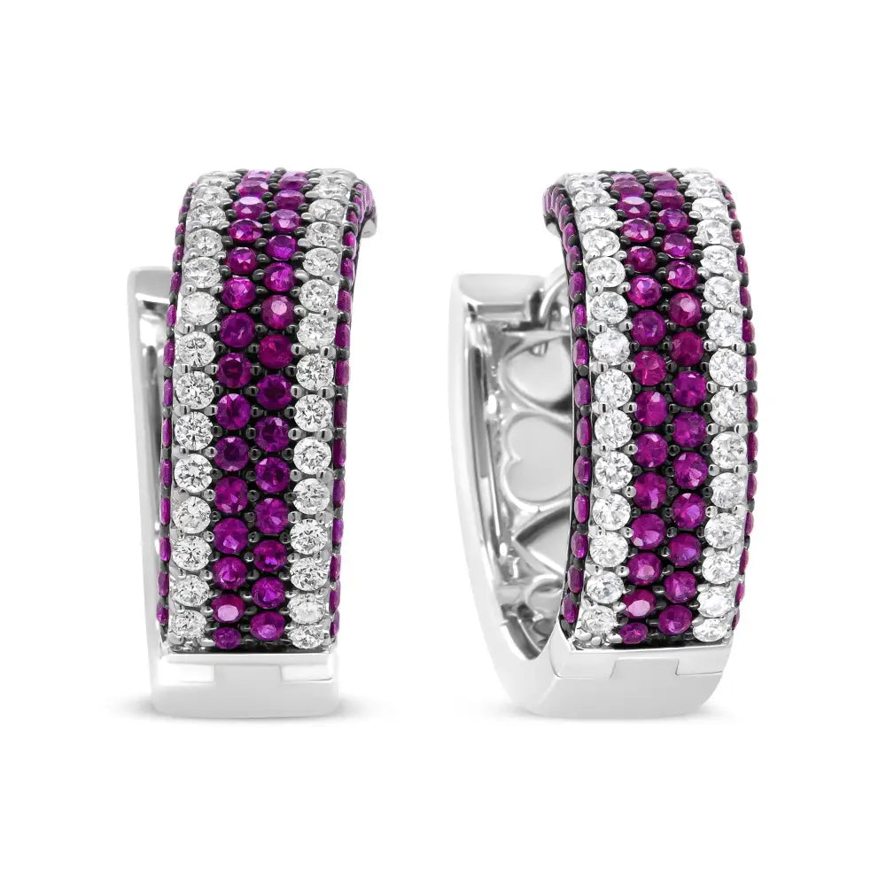 Stunning 18k White Gold Ruby Open Swish Hoop Earrings with Diamonds