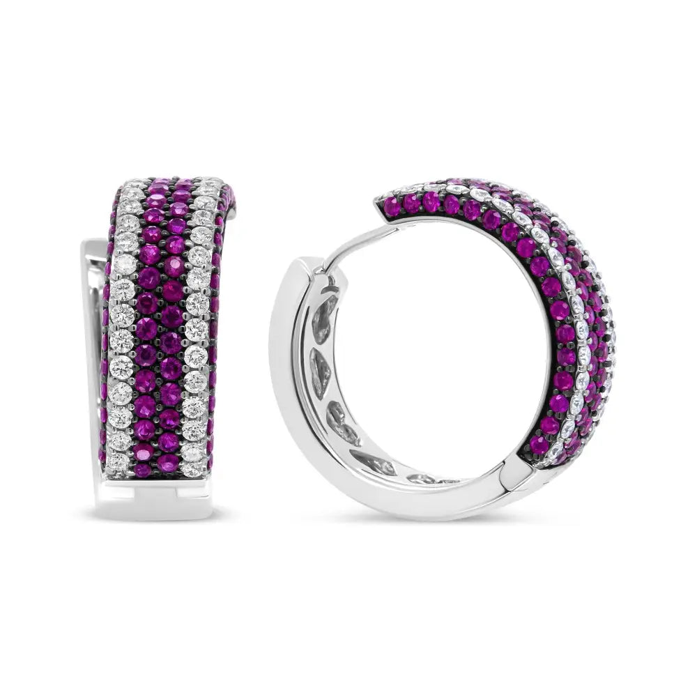 Stunning 18k White Gold Ruby Open Swish Hoop Earrings with Diamonds