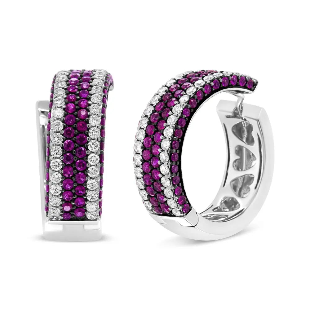 Stunning 18k White Gold Ruby Open Swish Hoop Earrings with Diamonds