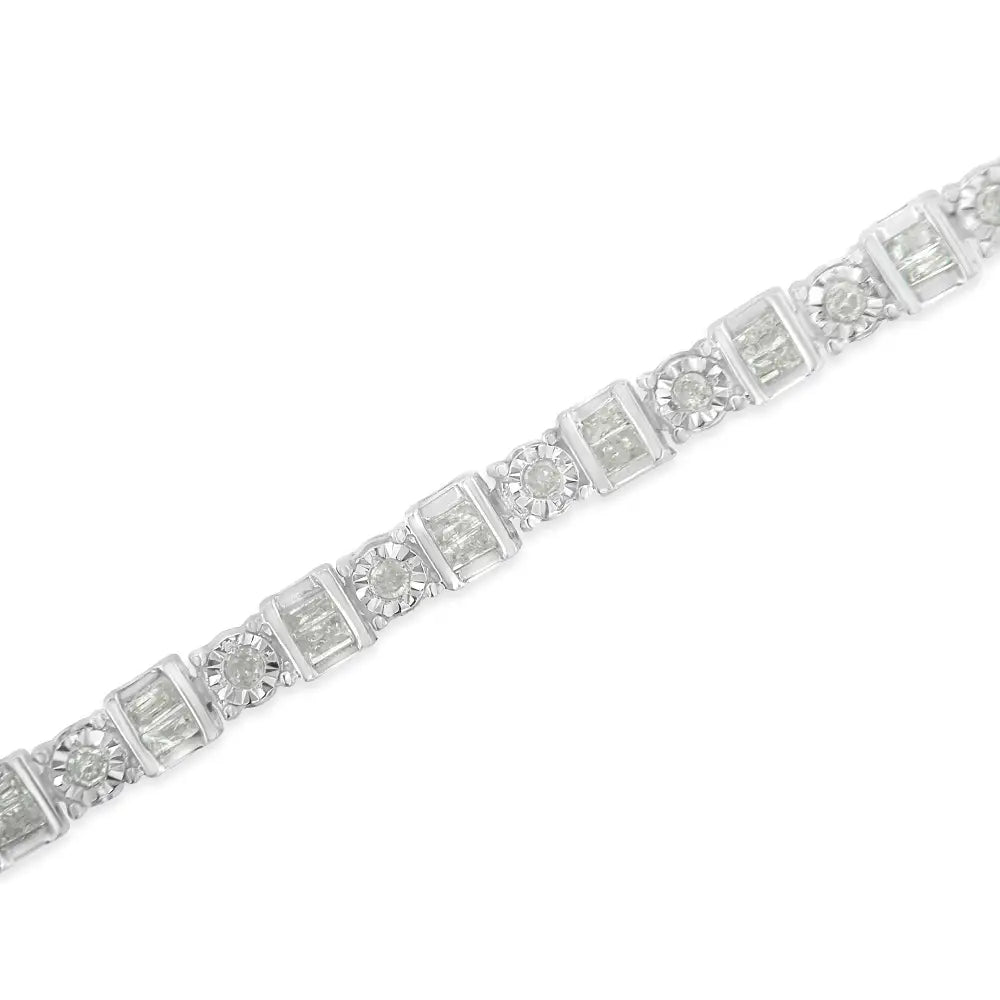 Stunning.925 Sterling Silver Baguette Cut Diamond Station Tennis Bracelet