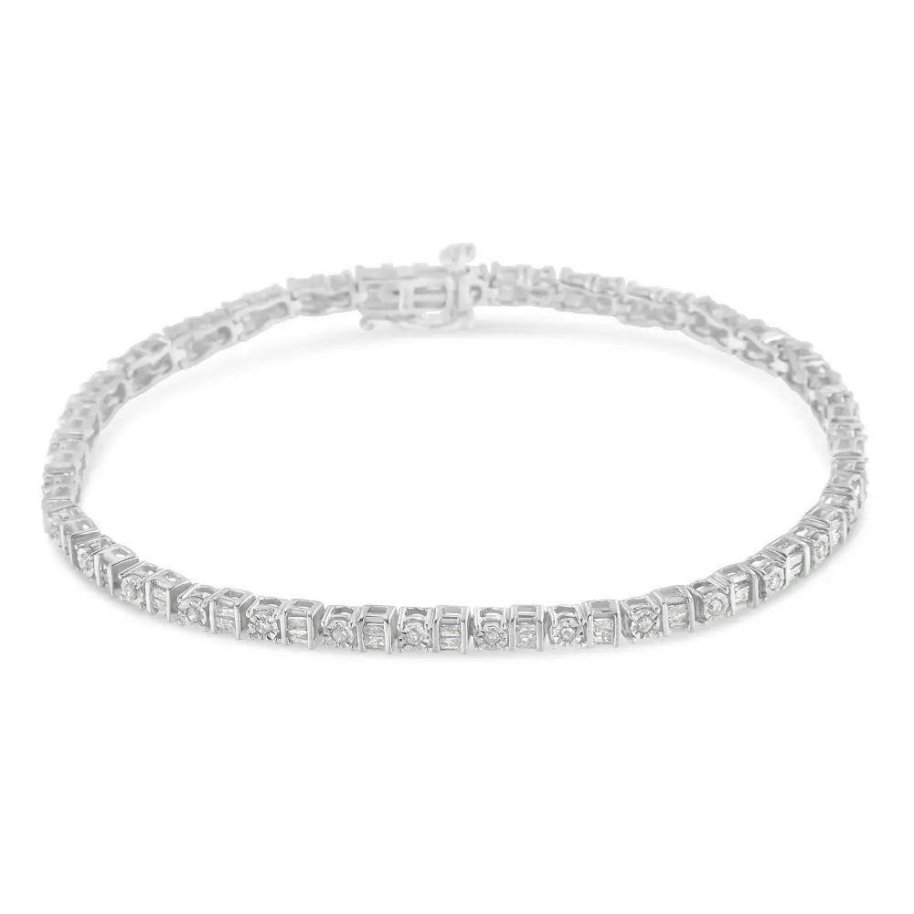 Stunning.925 Sterling Silver Baguette Cut Diamond Station Tennis Bracelet