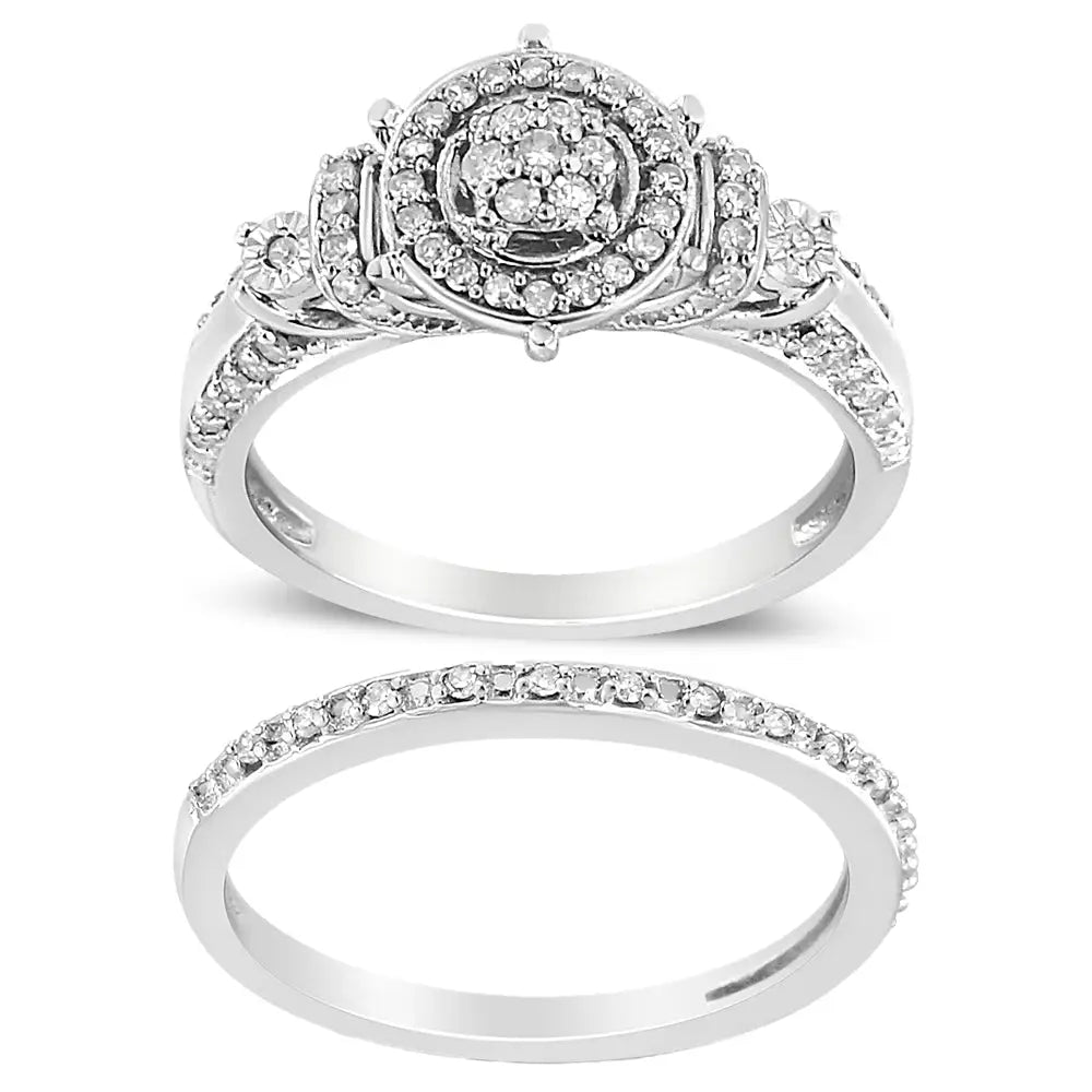 Stunning.925 Sterling Silver Halo Engagement Ring and Wedding Band Set