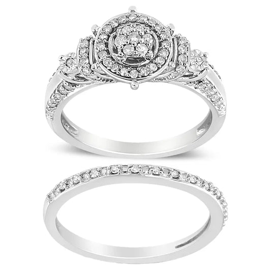 Stunning.925 Sterling Silver Halo Engagement Ring and Wedding Band Set