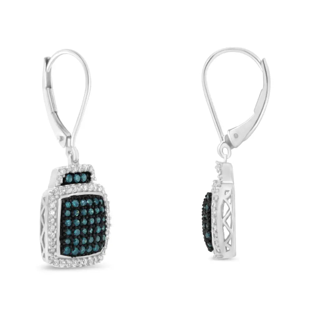 Stunning Black Rhodium Cushion Shaped Blue and White Diamond Earrings