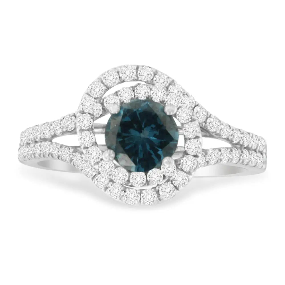 Stunning Blue Diamond Interweaving Double Halo Ring in 14k White Gold