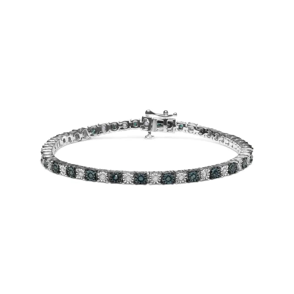 Stunning Diamond Tennis Bracelet with Alternating Round White and Treated Blue