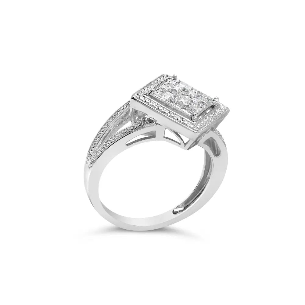 Stunning Invisible Set Princess-cut Diamond Beaded Halo Ring