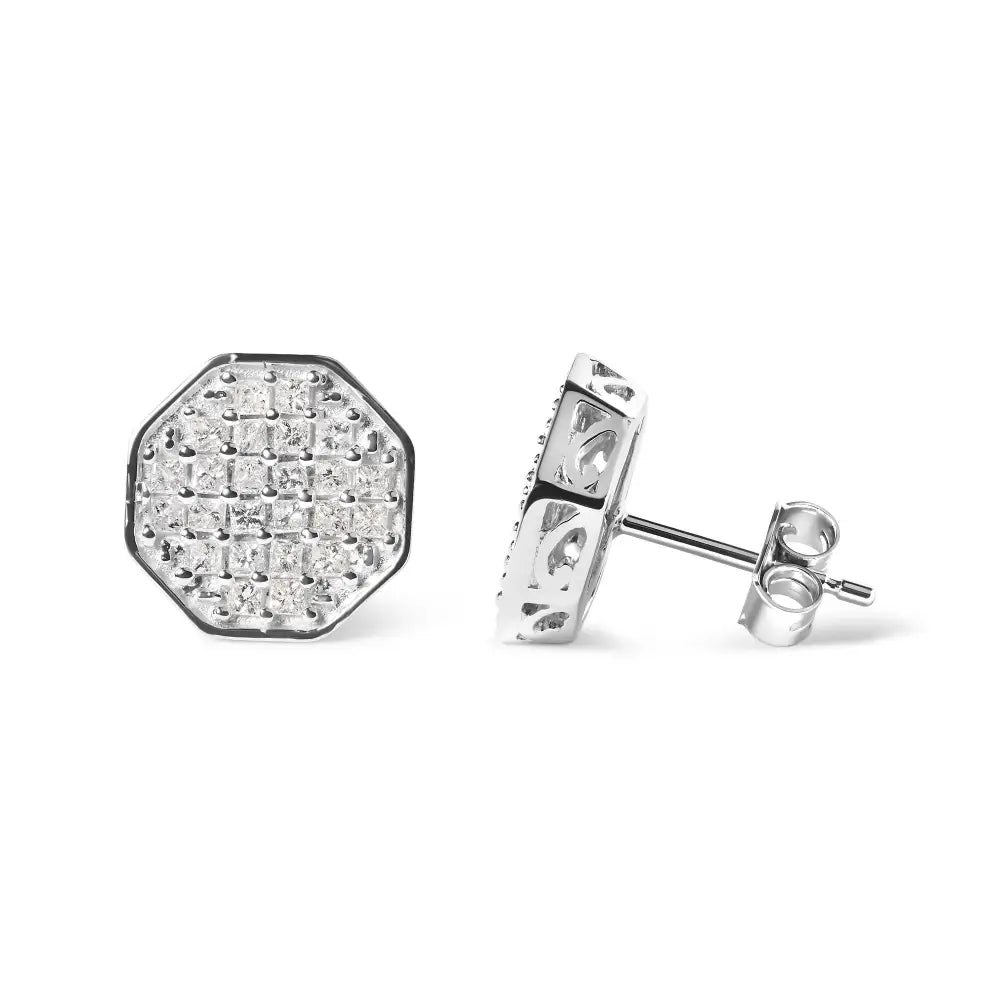 Stunning Princess Diamond Composite Octagon Shaped Stud Earrings in 10k Gold