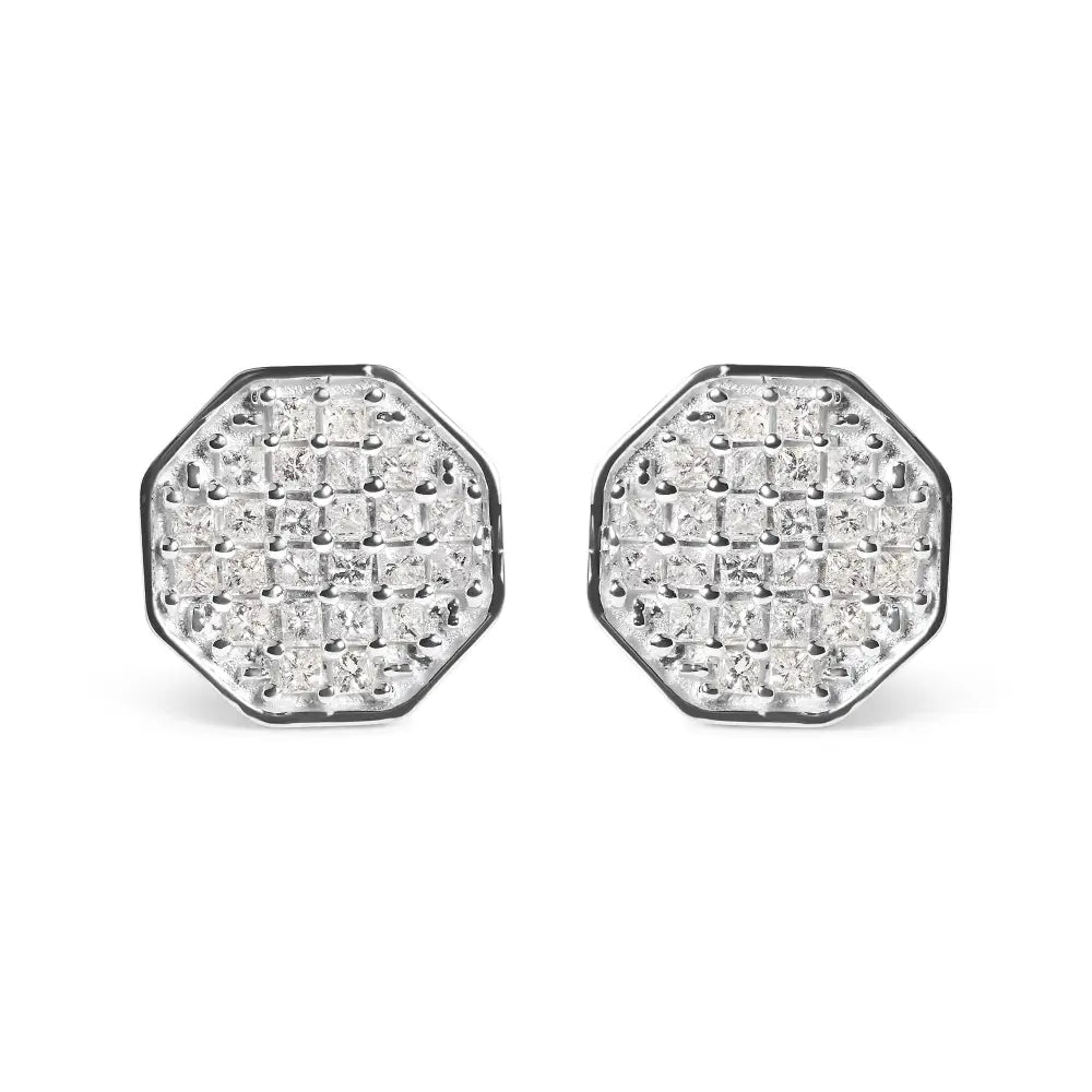 Stunning Princess Diamond Composite Octagon Shaped Stud Earrings in 10k Gold