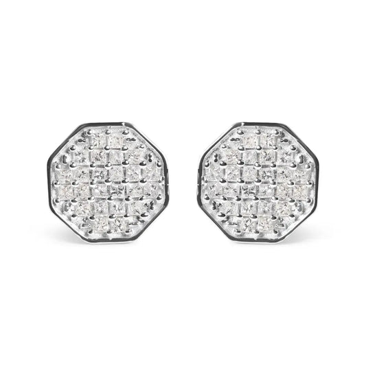 Stunning Princess Diamond Composite Octagon Shaped Stud Earrings in 10k Gold