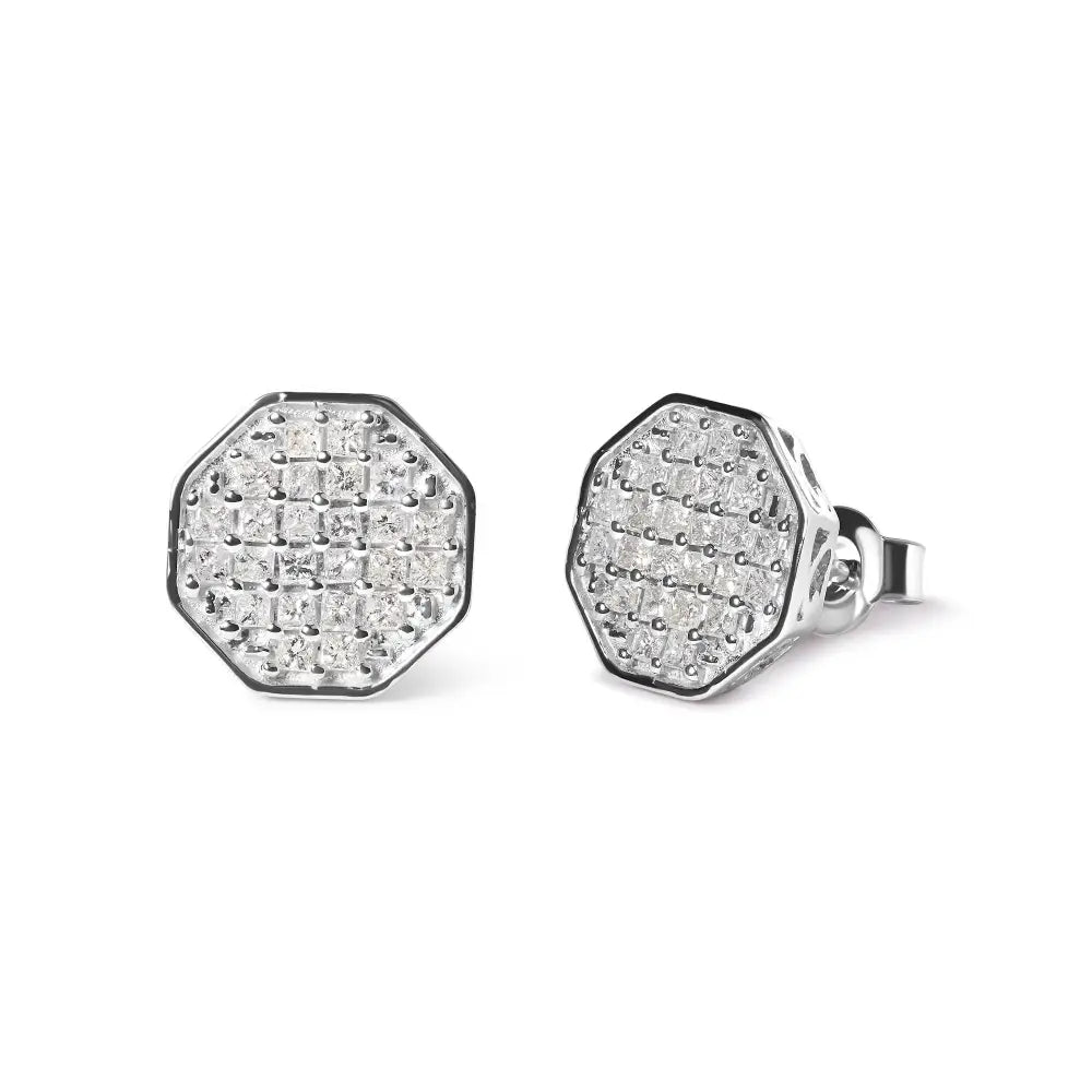 Stunning Princess Diamond Composite Octagon Shaped Stud Earrings in 10k Gold