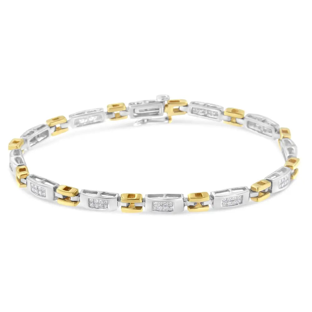 Stunning Two-tone Gold Princess Cut Diamond Geo Link Bracelet