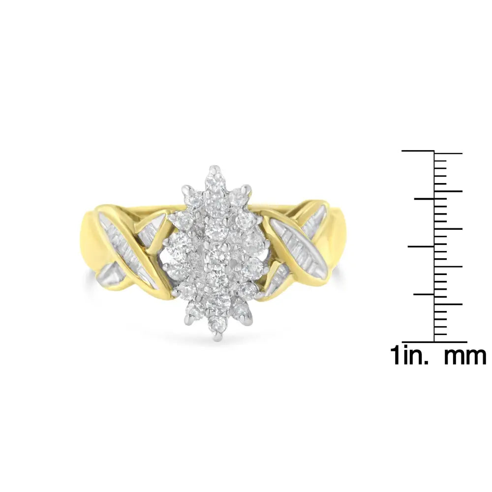 Stunning Two-toned Round Baguette Diamond Cluster Ring in 10k Gold