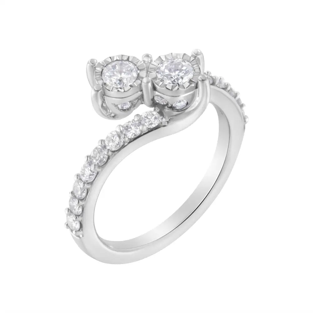 Stunning White Gold Two-stone Miracle-set Diamond Bypass Ring - Rings/bridal/6