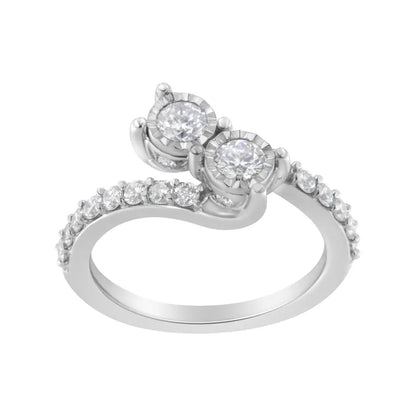 Stunning White Gold Two-stone Miracle-set Diamond Bypass Ring - Rings/bridal/6