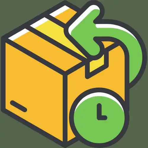 Stylized icon of a cardboard box with a clock or timer symbol.