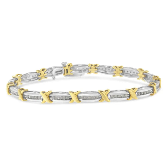 Two-tone 10k Yellow Gold Over.925 Sterling Silver 1.0 Cttw Diamond Channel Set Tapered & X-link 7’’ Tennis Bracelet