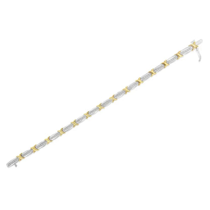 Two-tone 10k Yellow Gold Over.925 Sterling Silver 1.0 Cttw Diamond Channel Set Tapered & X-link 7’’ Tennis Bracelet