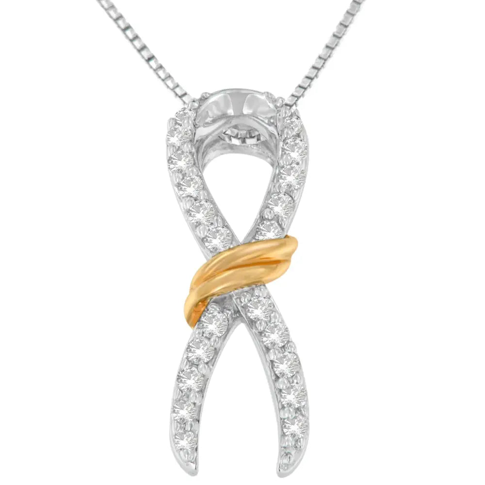 Two-tone 10k Yellow Gold Over.925 Sterling Silver 1/6 Cttw Diamond Embellished Awareness Ribbon Pendant Necklace (h-i