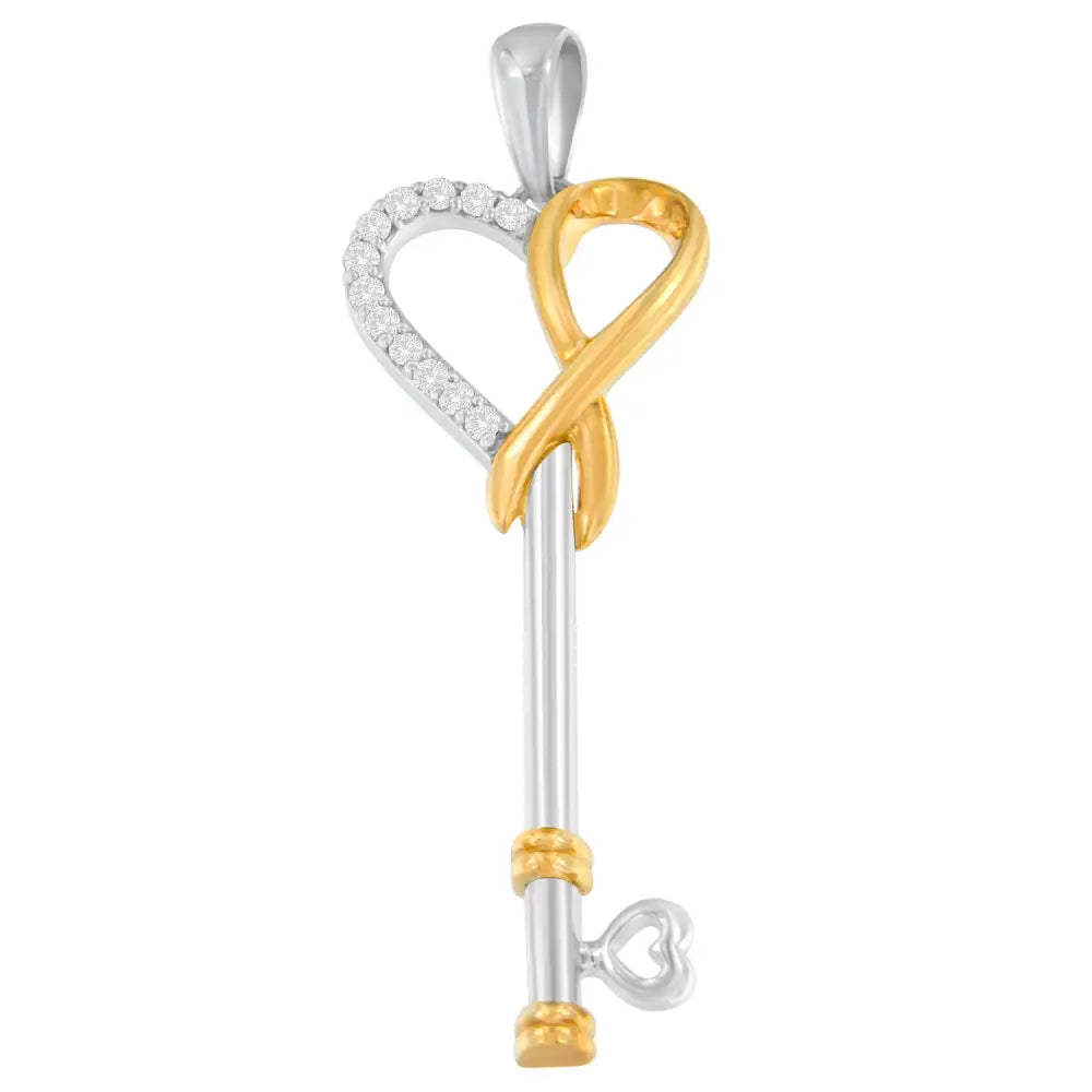 Two-tone.925 Sterling Silver 1/10 Cttw Diamond Heart Key with Awareness Ribbon Pendant Necklace (h-i Color I1-i2