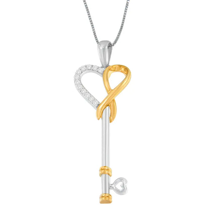 Two-tone.925 Sterling Silver 1/10 Cttw Diamond Heart Key with Awareness Ribbon Pendant Necklace (h-i Color I1-i2