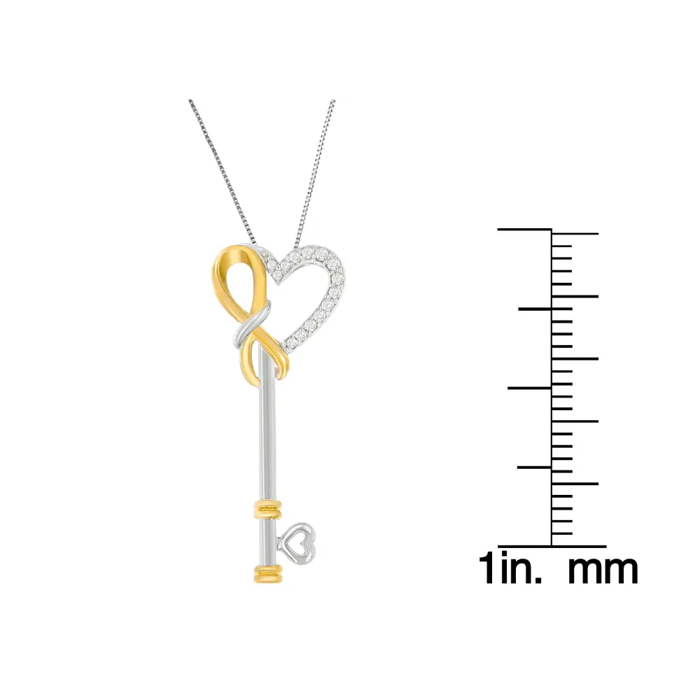 Two-tone Sterling Silver Diamond Heart and Key Pendant Necklace (0.10 Cttw H-i Color I1-i2 Clarity) - Fine Jewelry