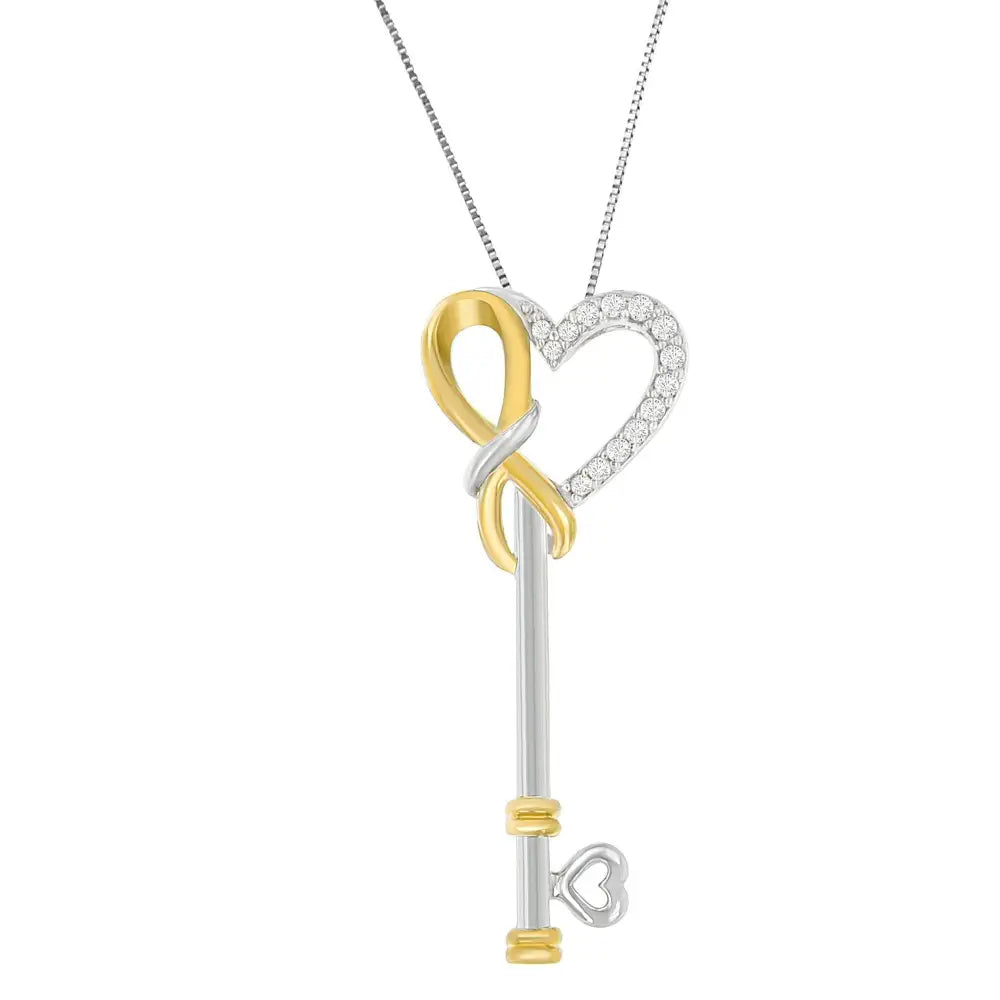 Two-tone Sterling Silver Diamond Heart and Key Pendant Necklace (0.10 Cttw H-i Color I1-i2 Clarity) - Fine Jewelry