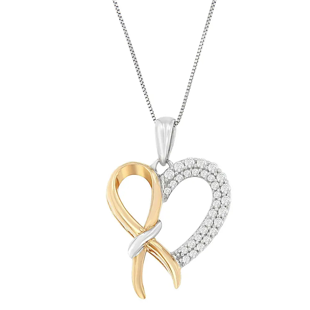 Two-tone Sterling Silver Round Cut Diamond Heart Promise Bow Pendant Necklace (1/5 Cttw H-i Color I1-i2 Clarity) - Fine