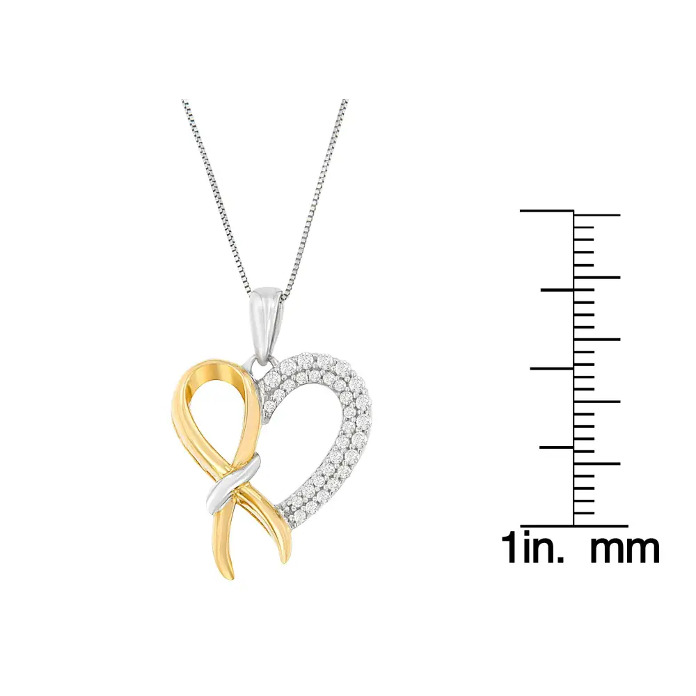 Two-tone Sterling Silver Round Cut Diamond Heart Promise Bow Pendant Necklace (1/5 Cttw H-i Color I1-i2 Clarity) - Fine