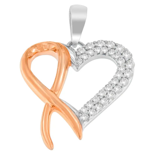 Two-tone Sterling Silver Round Cut Diamond Ribbon Heart Pendant Necklace (0.25 Cttw H-i Color I2-i3 Clarity) - Fine