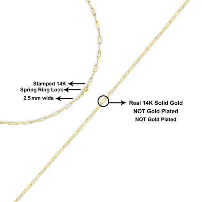 Unisex Solid 14k Gold 2.5mm Paperclip Chain Necklace - Fine Jewelry us Direct